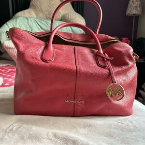 Michael Kors Red Pebbled Leather Satchel with Gold MK Charm
